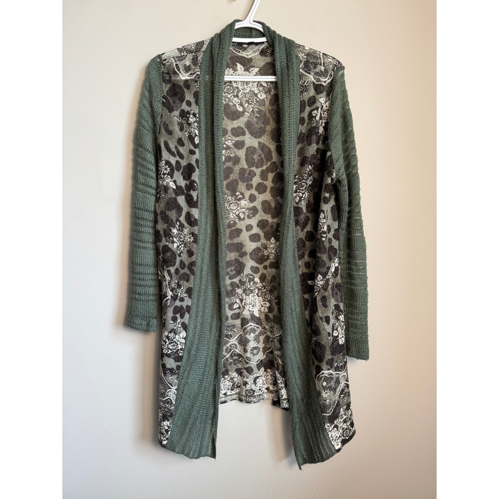 Cativa Open Front Longline Cardigan Sweater Leopard Floral Print Knit Womens M